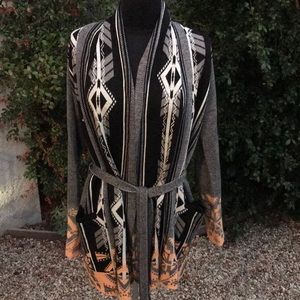 Shawl collar tie waist patterned cardigan